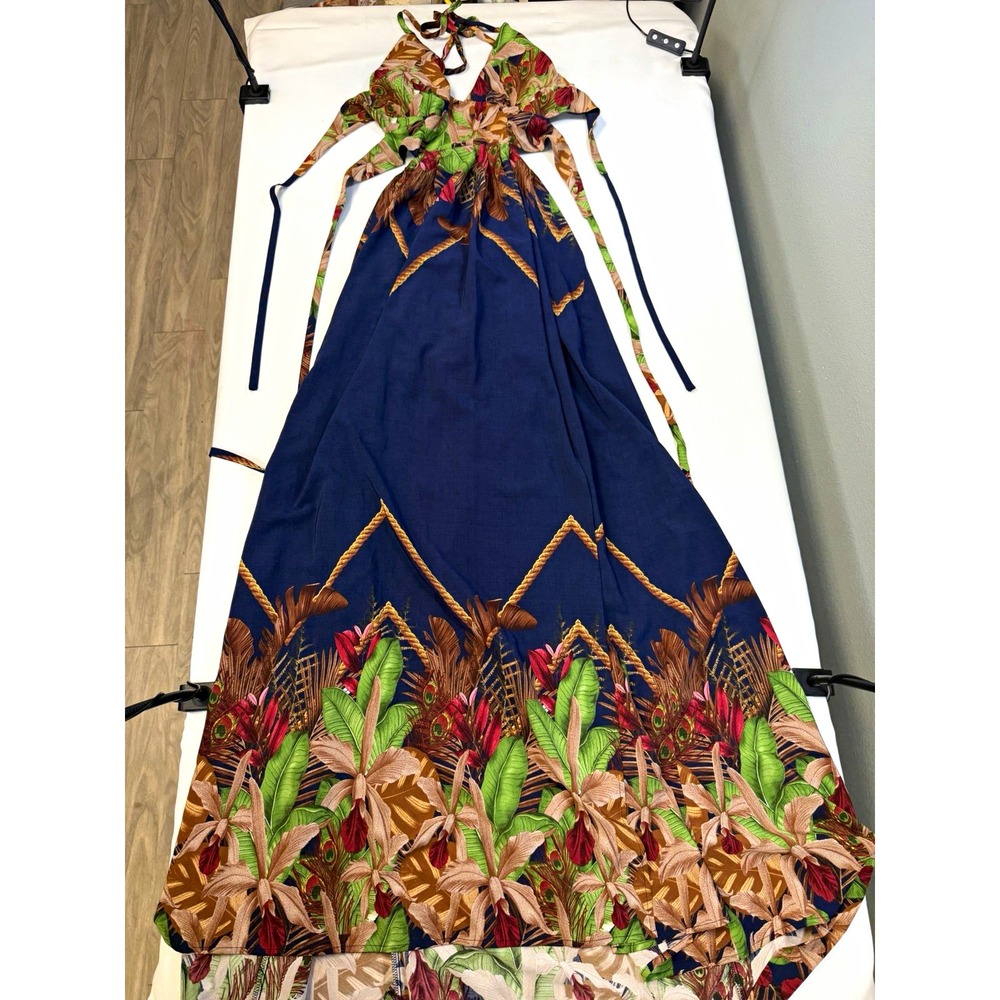 Fashion Nova Kenzie Halter Maxi Dress L Blue Tropical Floral Backless DM1928